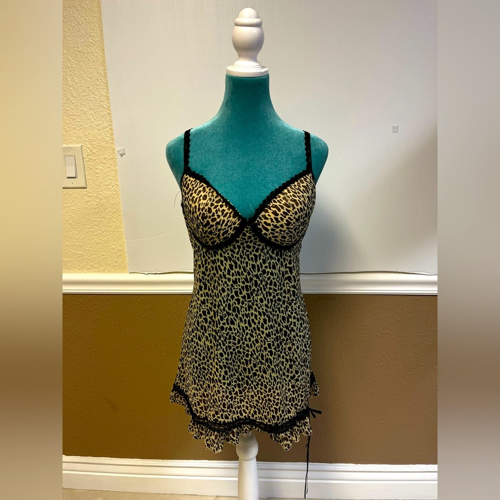 RAMPAGE Intimates Vintage Mesh Leopard Print Slip Dress Built-In Bra (C/D Cup)